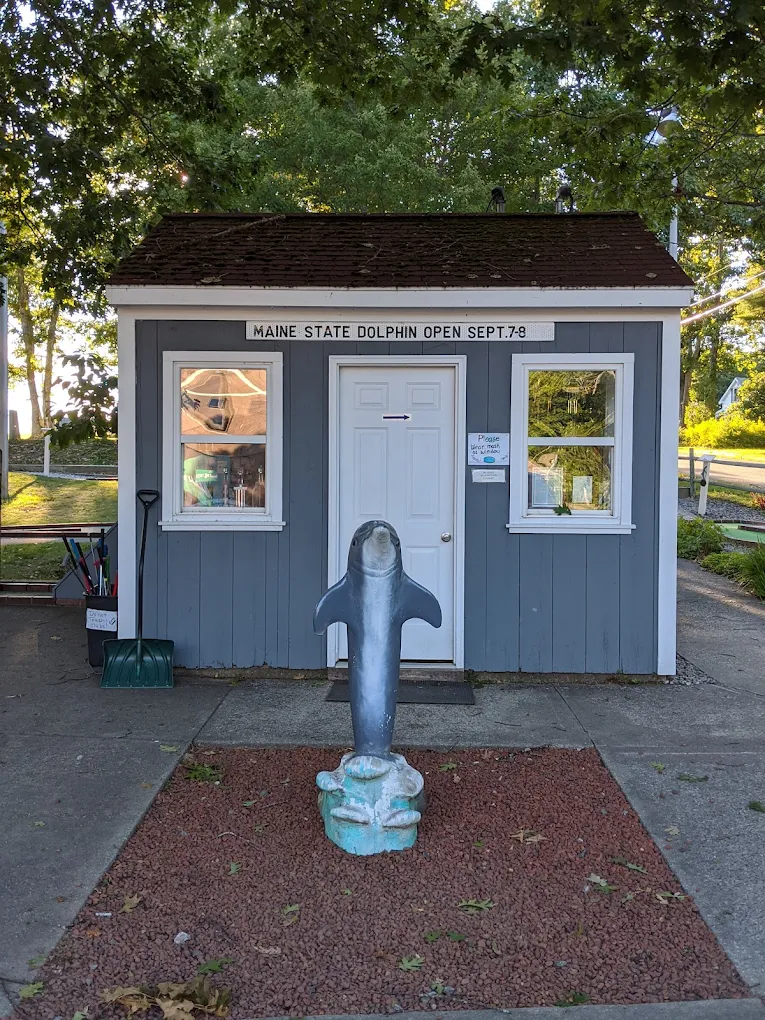 The tournament scoring booth at Dolphin Mini Golf, marked for the Maine State Dolphin Open